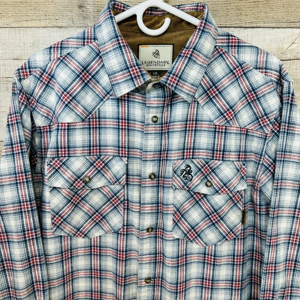 Legendary Whitetails Mens Large Red Blue White Plaid Snap Button Western‎ Shirt
